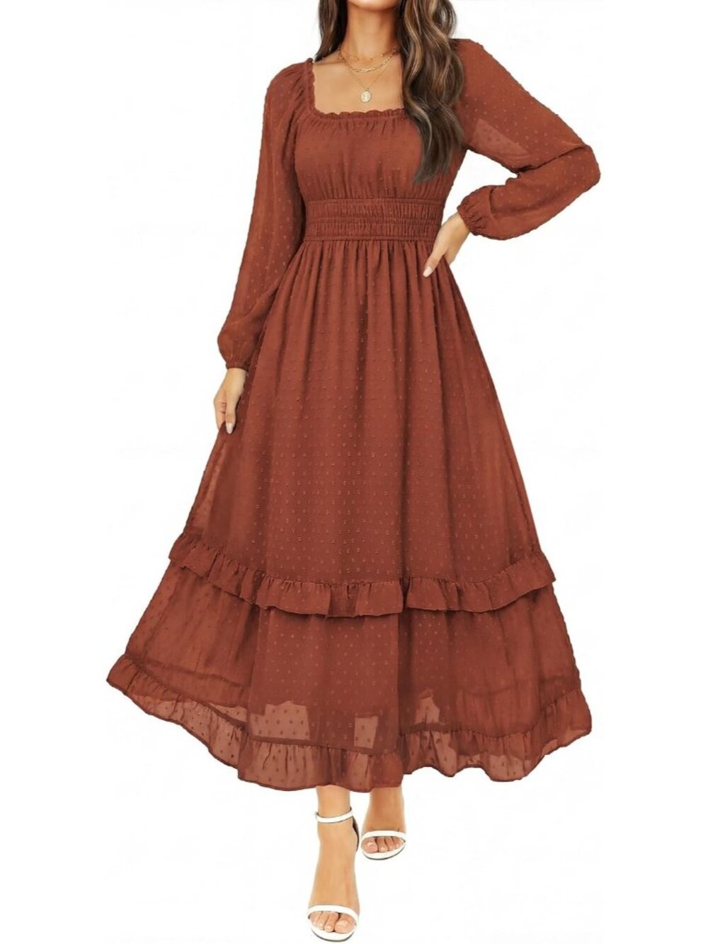 🆕 Women's Brown Puff Sleeve Square Neck A LINE Pockets Imported Maxi Dress